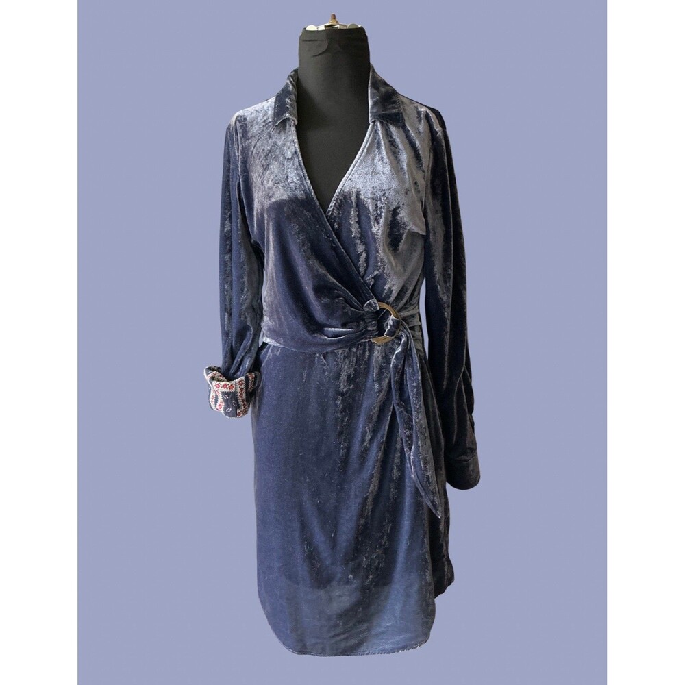 Maeve By Anthropologie Blue Velvet Long Sleeve Faux Wrap Dress | Women’s Size 8
